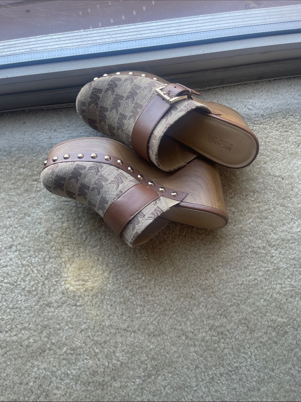 Michael Kors Beige and Brown Logo Slip-On Mules with Buckle - Picture 2 of 5